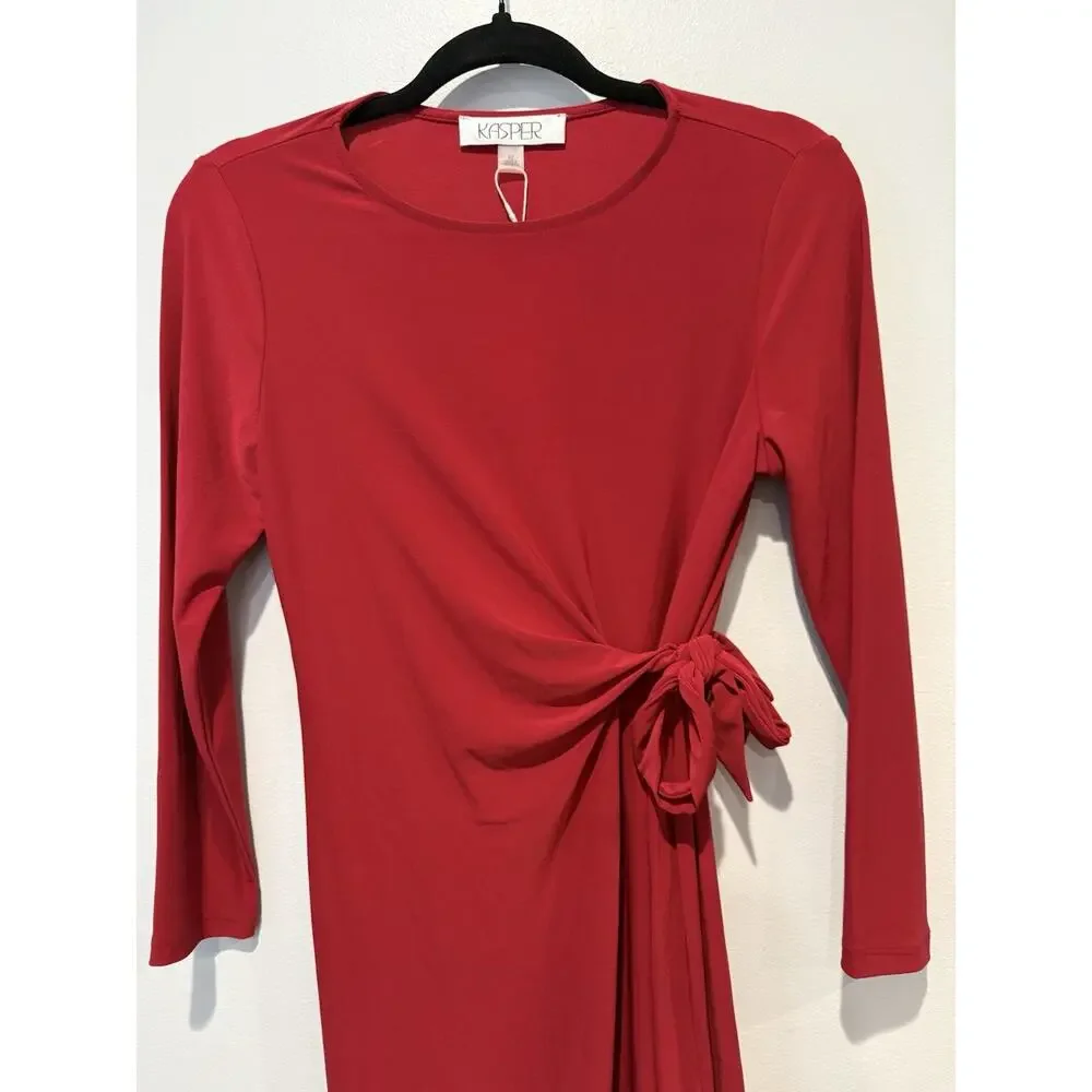 NWT Kasper Fire Red Midi Sheath Dress 3/4 Sleeve Side Tie Stretchy XS Romantic